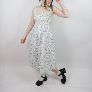 Reformation Noreen Smocked Shirred Blue and White Floral Midi Dress